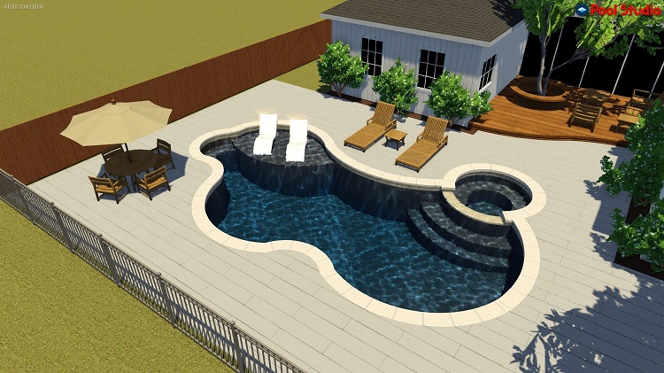 A Design concept rendering shows ideas for decking around a pool