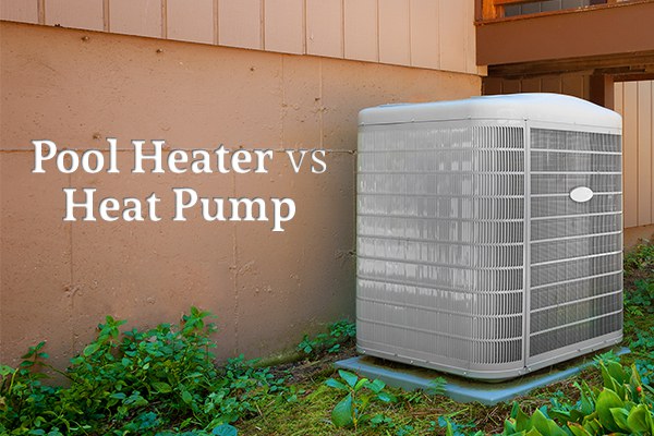 A pool heater sits against a brown wall beside the words "Pool Heater vs Heat Pump"