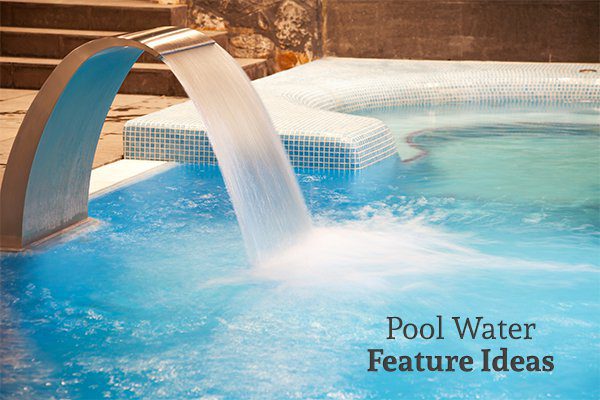 A rain curtain water feature flowing into a pool with the words pool water feature ideas