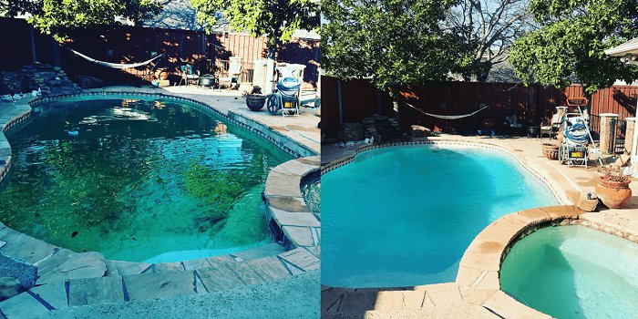 An image of a pool before and after treatment for Algae