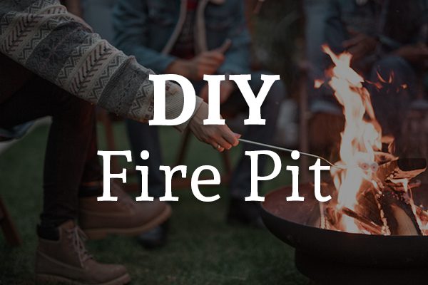 Friends around a first roasting marshmallows with the words, DIY fire pit.