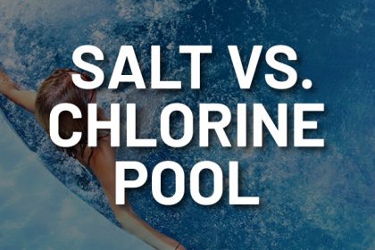 A person enjoying a pool with the words, "salt vs. chlorine pool."